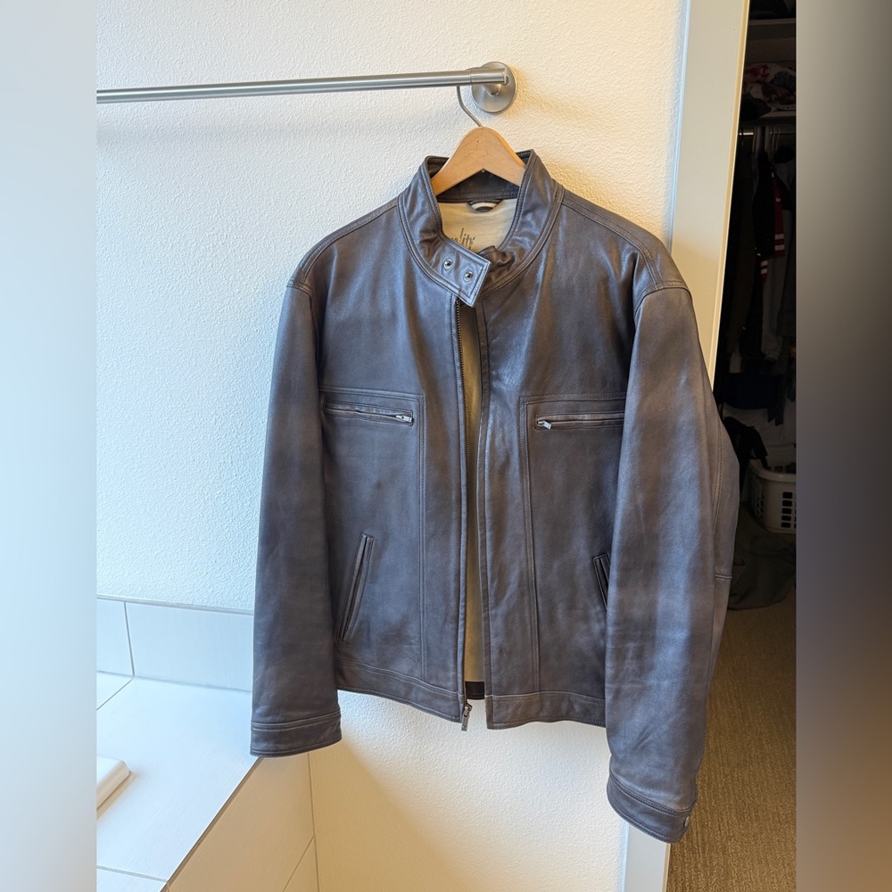 Vintage Guess Men's Charcoal Leather Jacket